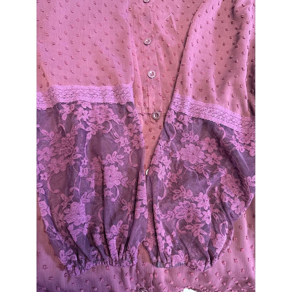 Purple Swiss Dot, Lace Sleeve, Button Front Midi Dress, Whimsy, Cottage Core, XL - Picture 6 of 8
